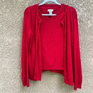 Yarnworks Red Sweater Tank Top 2 Pc Set‎ Women's L Large Embellished Beaded Trim